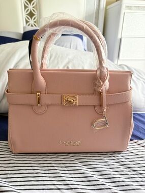 bebe Pink Pebbled Satchel with Gold Hardware